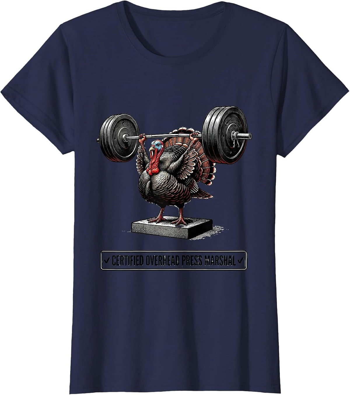 Women's Certified Overhead Press Marshal Funny Animal Weightlifting T-Shirt - Navy Blue
