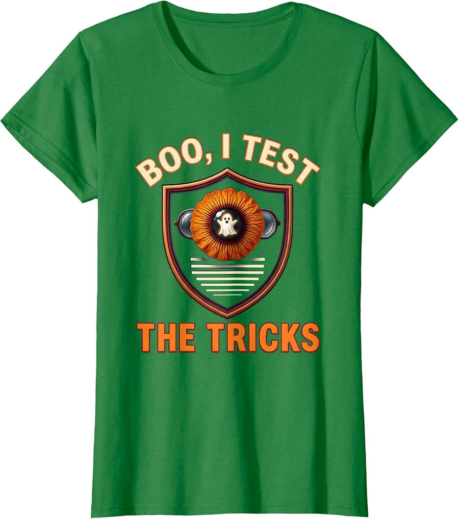 Women's Boo I Test The Tricks Halloween Optometrist Eye Doctor Pun T-Shirt - Kelly Green
