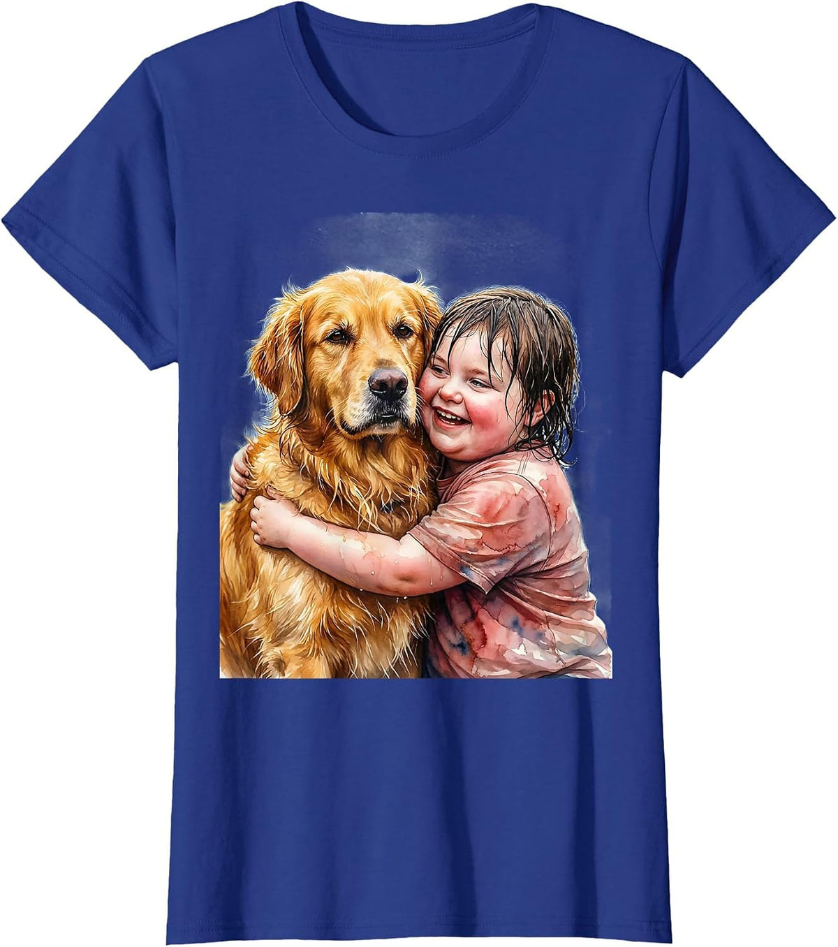 Women's Down Syndrome Awareness Child and Golden Retriever T-Shirt - Royal Blue