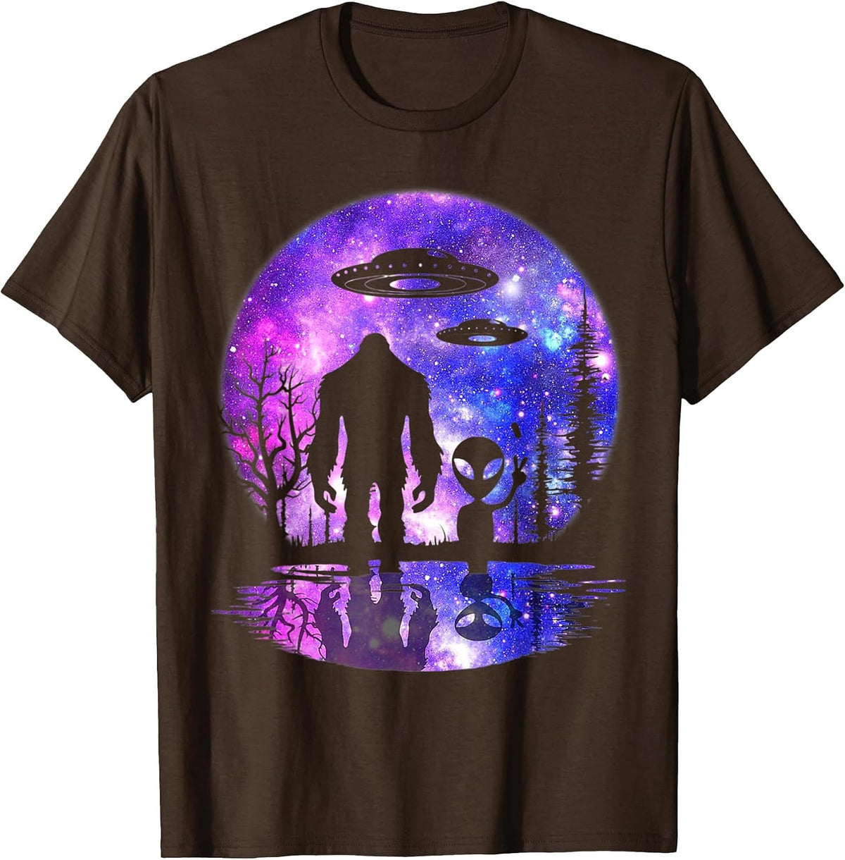 Alien and Bigfoot Full Moon Sasquatch UFO T-Shirt - Brown