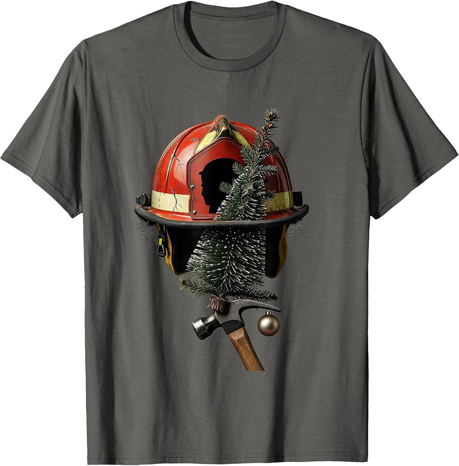 Blank-Shield Firefighter Helmet Distressed Christmas Humor T-Shirt - Asphalt Grey