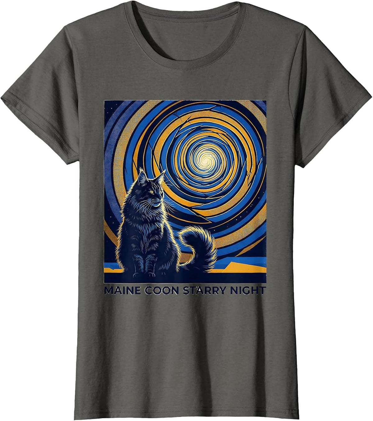 Women's Maine Coon Starry Night Whimsical Van Gogh Cat Lover Art T-Shirt - Asphalt Grey