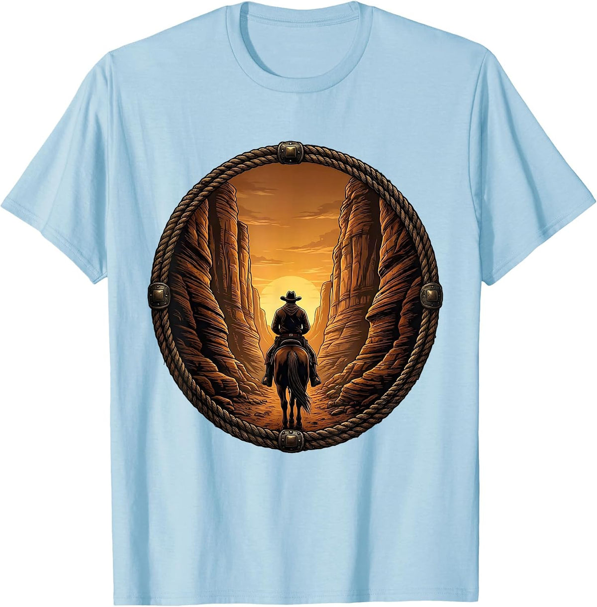 Men's Cowboy Riding Through Canyon Tunnel Western Art T-Shirt - Baby Blue