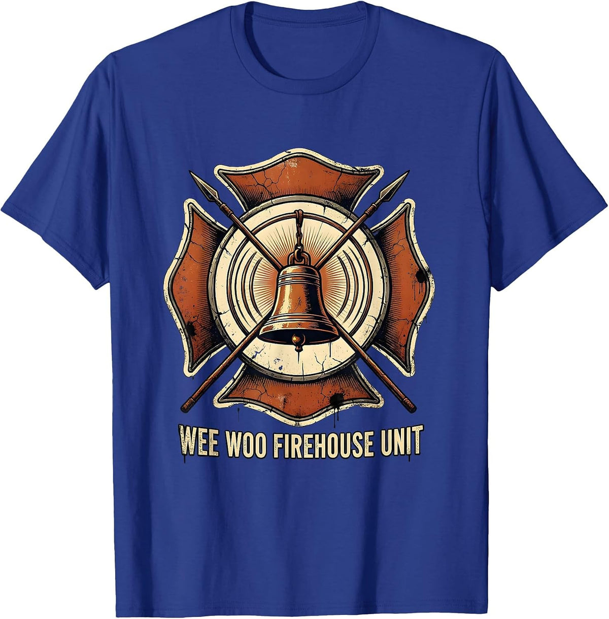 Wee Woo Firehouse Unit Distressed Firefighter Badge Humor T-Shirt - Royal Blue