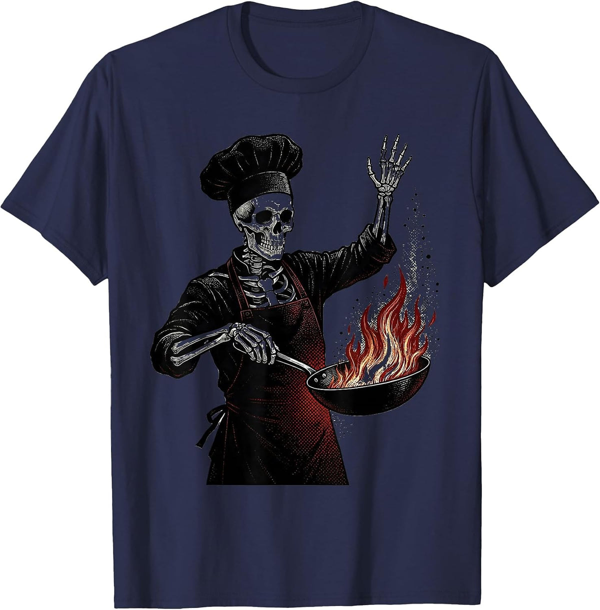 Skeleton Chef Flaming Skillet Cooking Graphic T-Shirt - Navy Blue