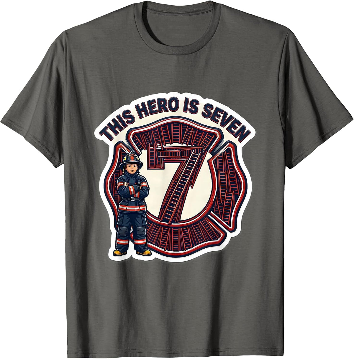 Men's This Hero Is Seven Cute Fire Truck Toddler Firefighter T-Shirt - Asphalt Grey