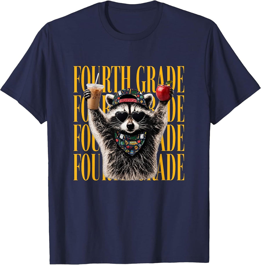 Fourth Grade Raccoon Teacher Back to School T-Shirt - Navy Blue