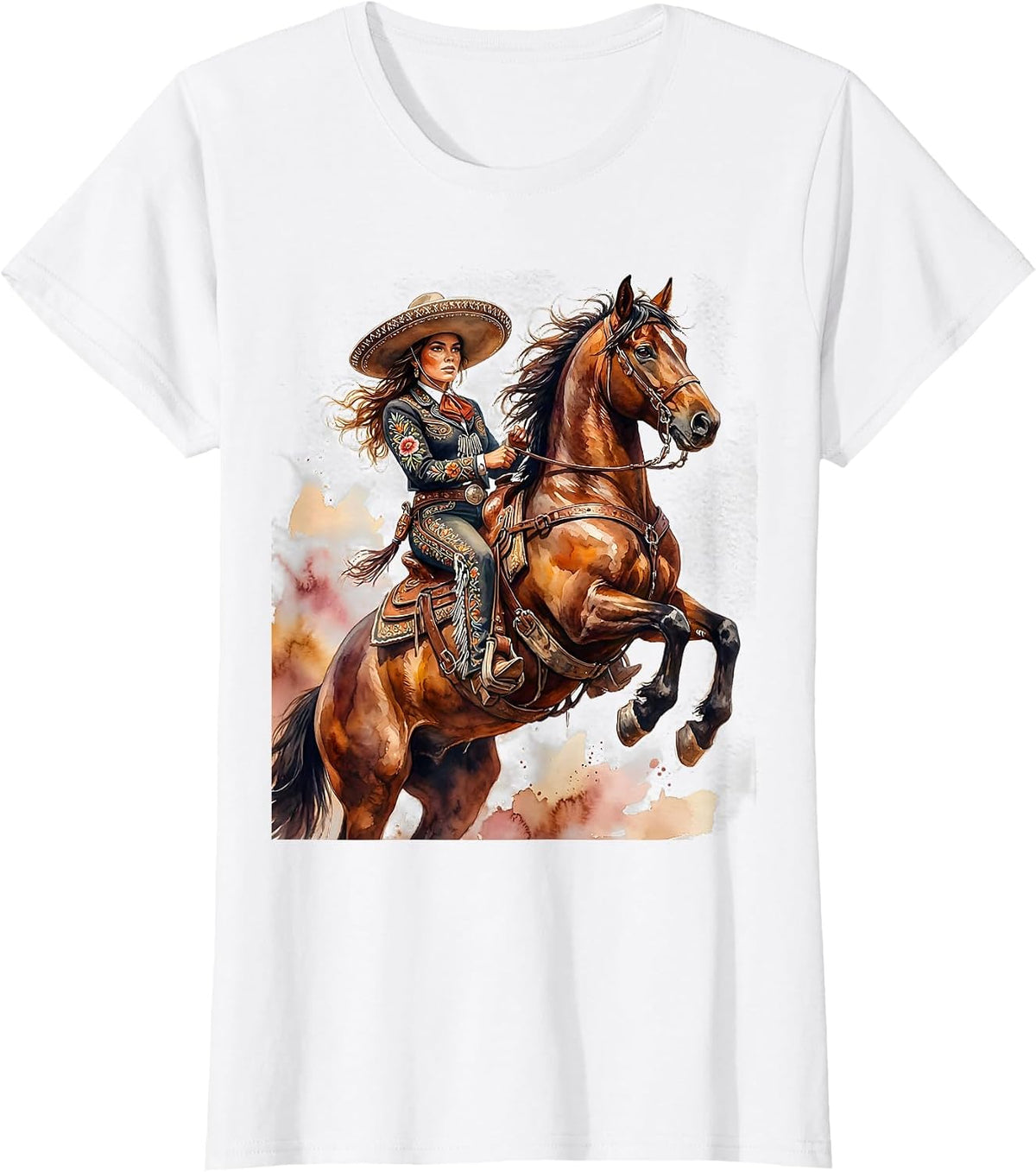 Charra Cowgirl Rearing Stallion Mexico Equestrian T-Shirt - White