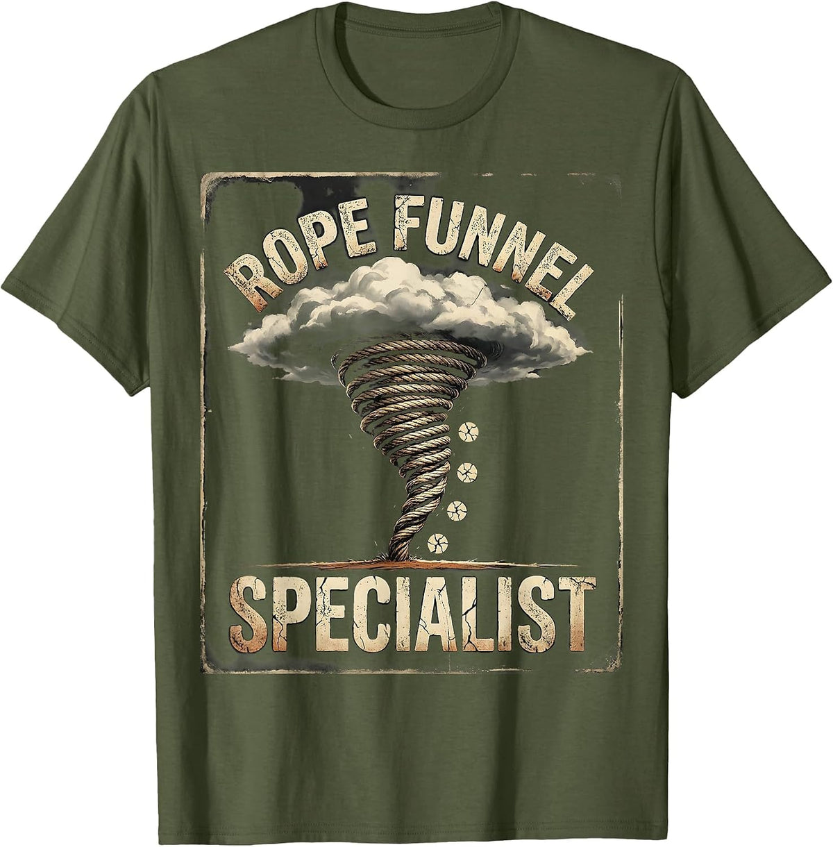 Men's Rope Funnel Specialist Distressed Storm Chaser Tornado T-Shirt - Olive Green