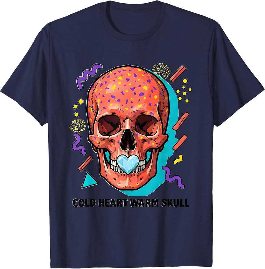 Cold Heart Warm Skull Graphic Design T-Shirt - Navy Blue