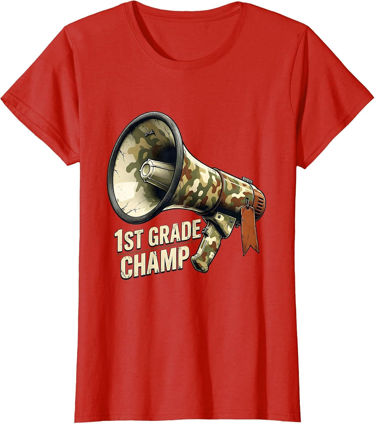 Women's 1st Grade Champ Distressed Camo School Megaphone Back T-Shirt - Red