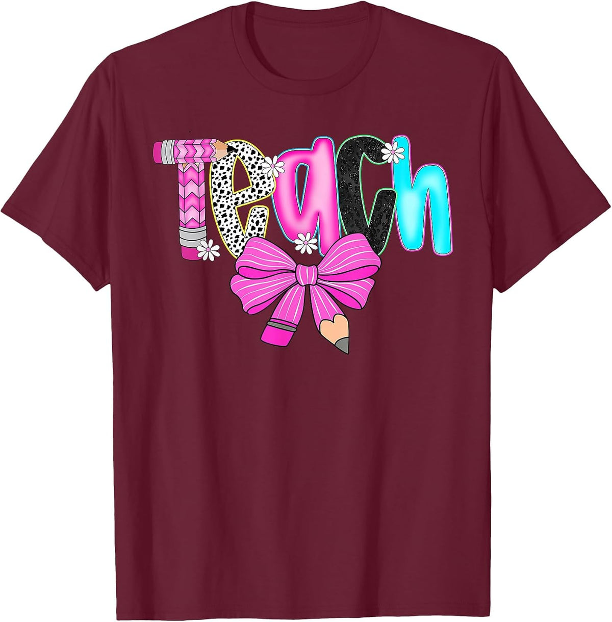 Teach Teacher Coquette Bow Pencil First Day Back to School T-Shirt - Burgundy