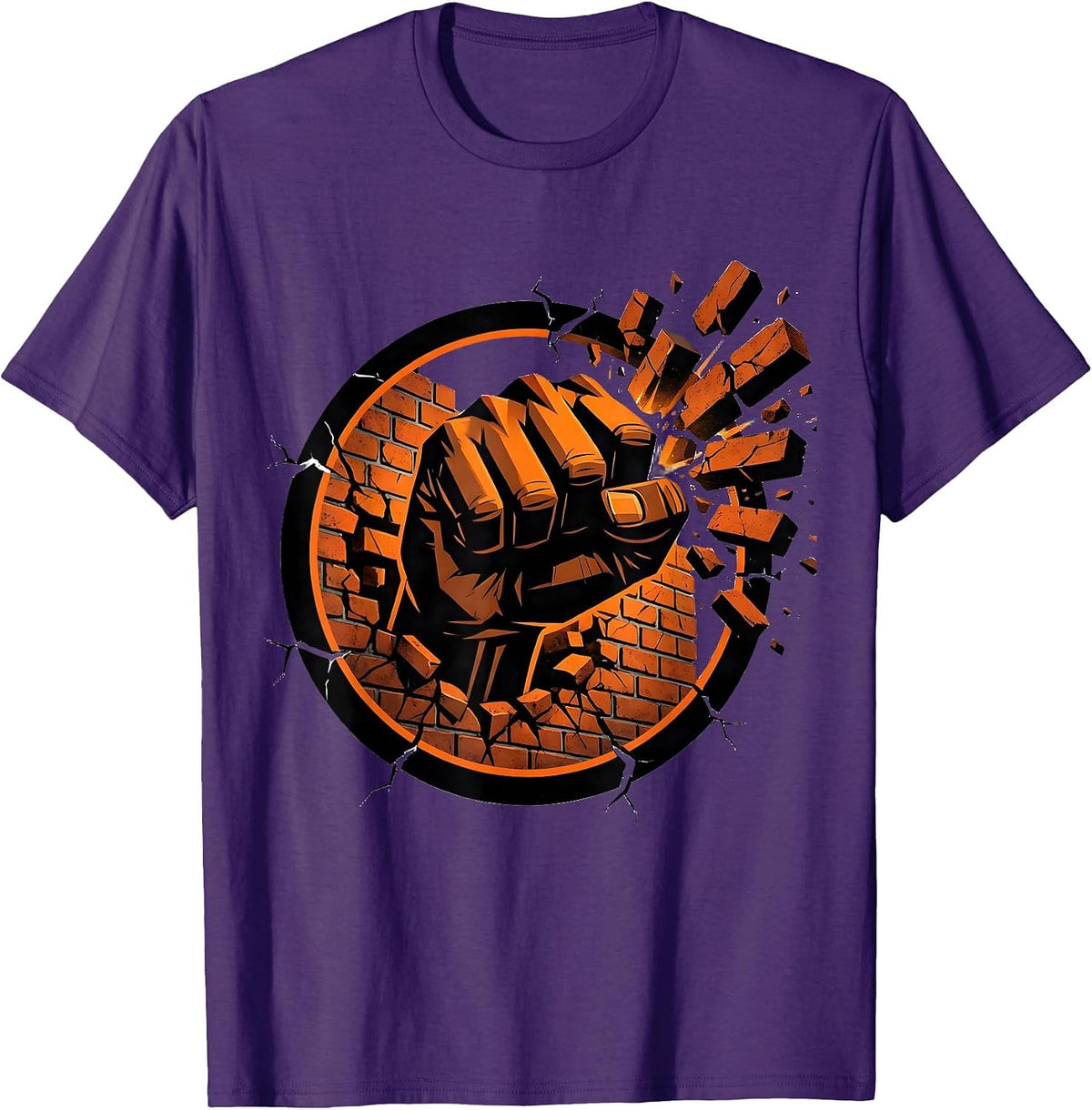 Punk Fist Through Brick Wall Graphic Tee T-Shirt - Purple