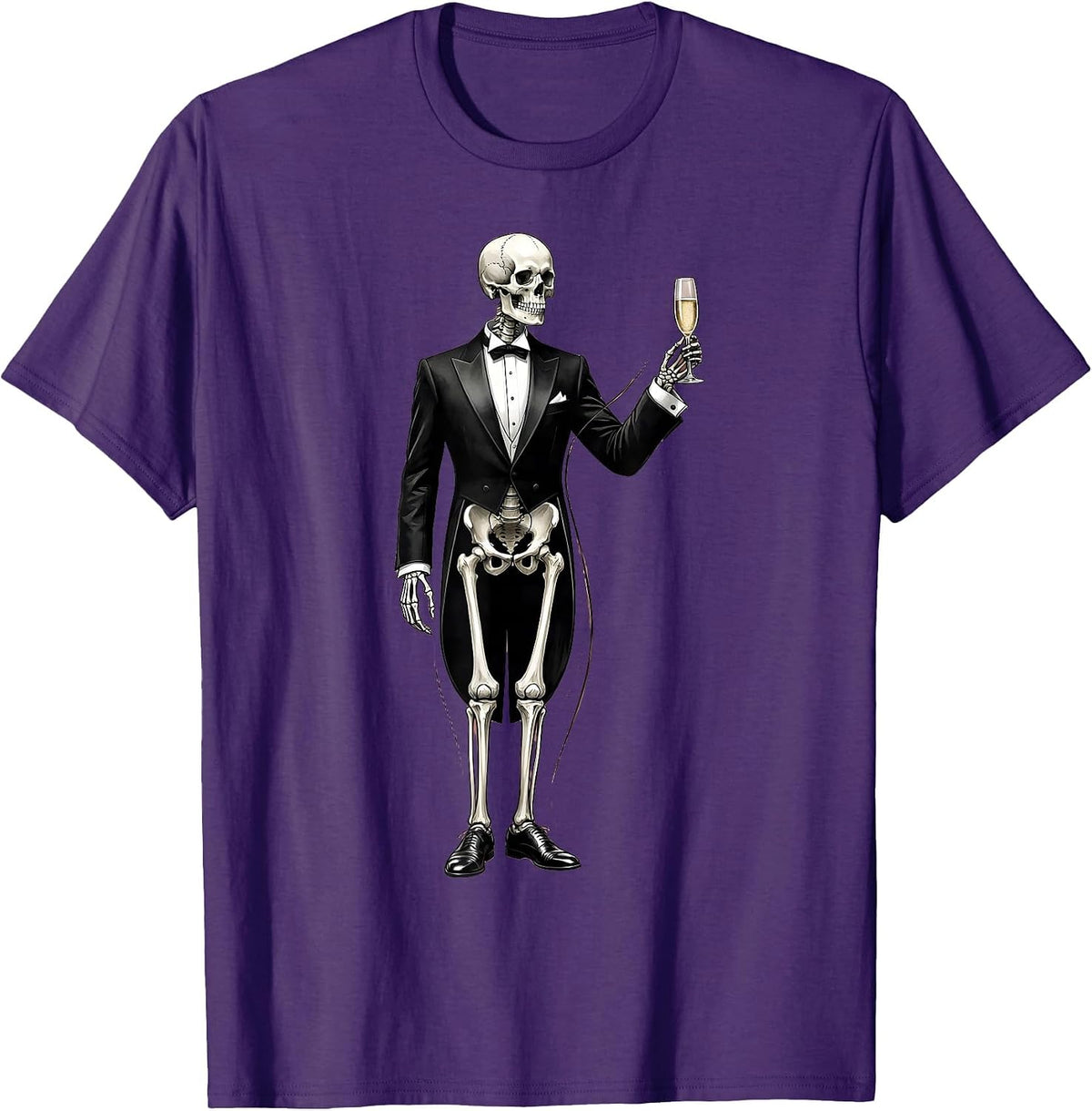 Tuxedo Skeleton Champagne Toast Graphic T-Shirt - Purple