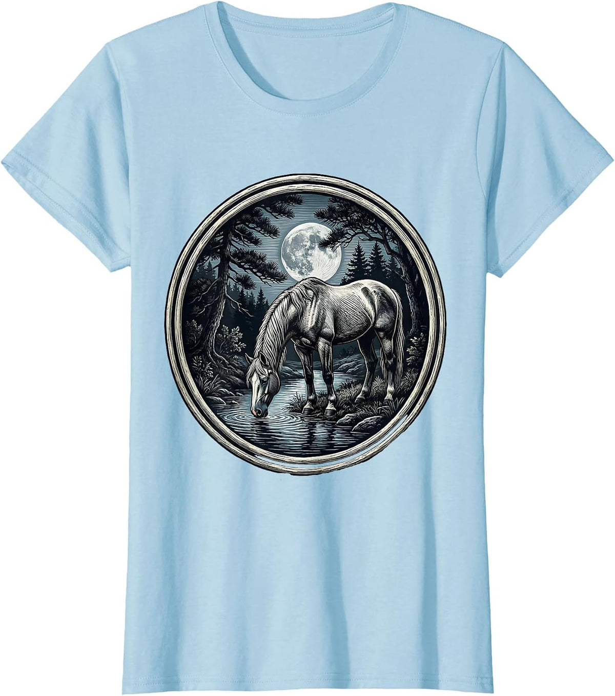 Women's Horse Drinking from Moonlit Forest Stream T-Shirt - Baby Blue