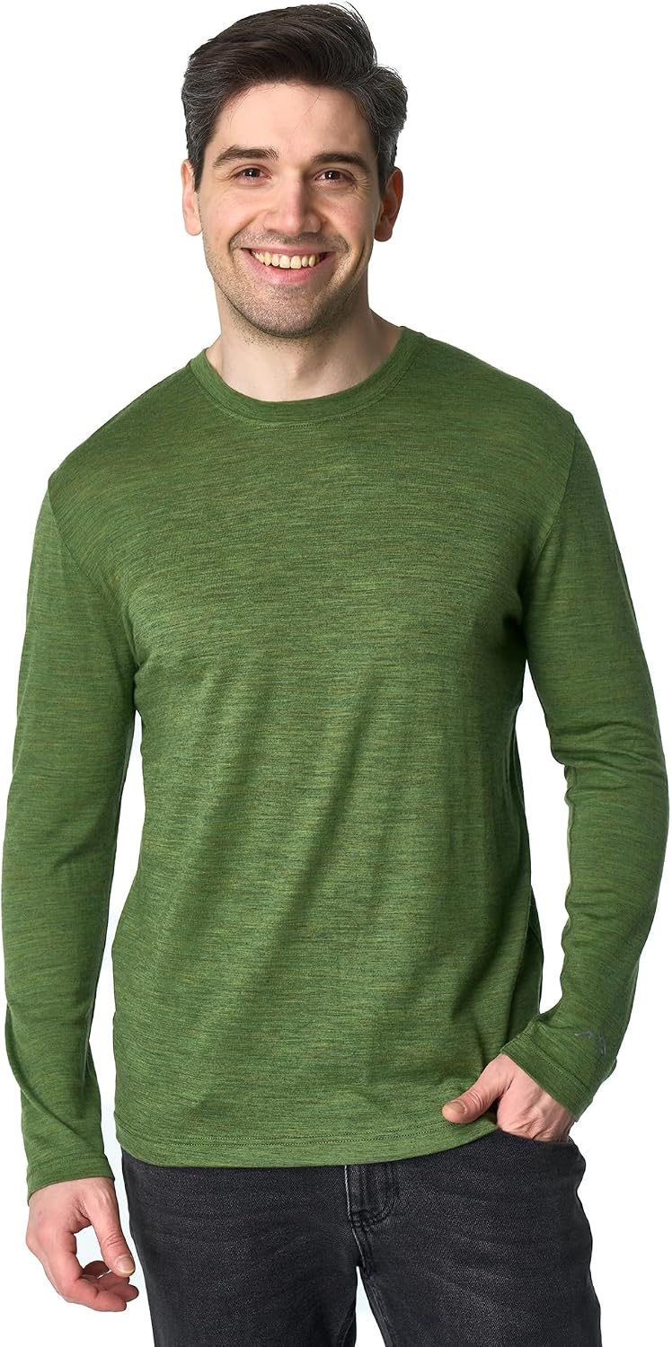 100% Merino Wool Shirts for Men - Thermal Shirt Underscrub Long Sleeve - 190 Olive Green