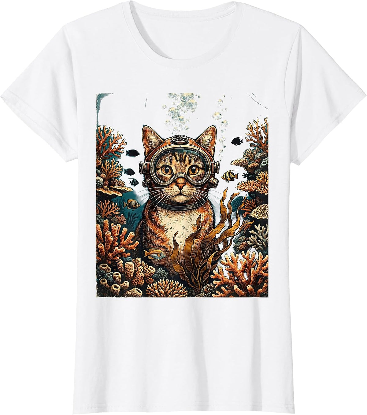 Cat Scuba Diver Underwater Reef Illustration T-Shirt - White