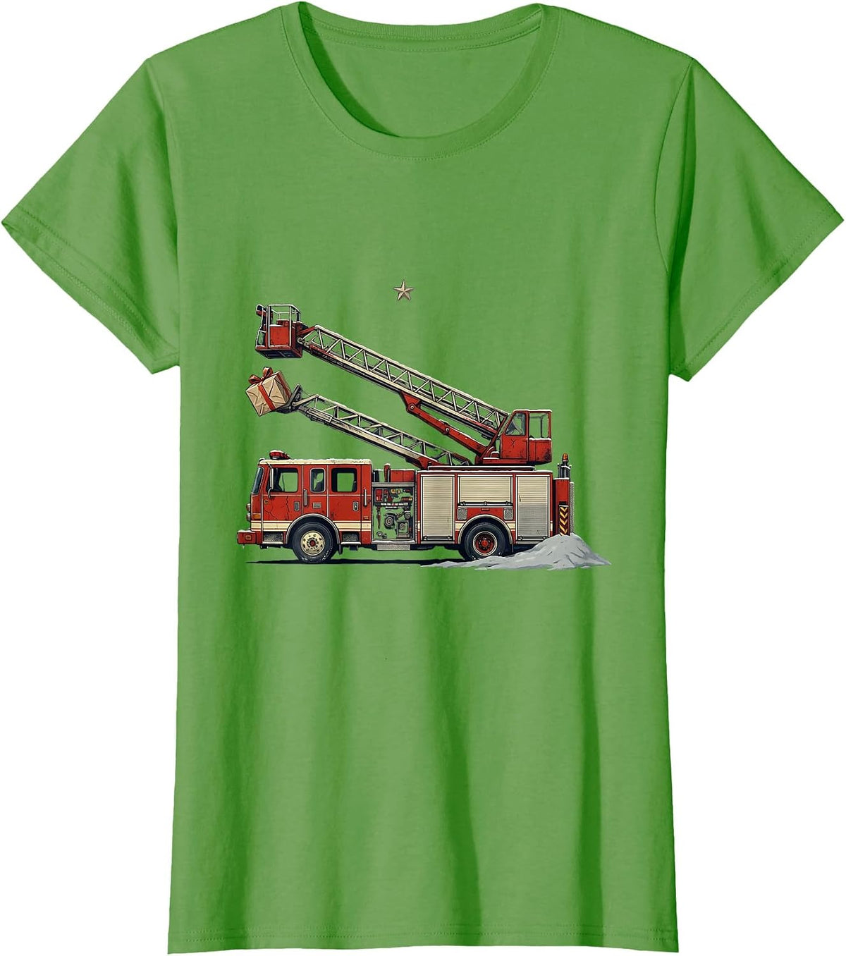 Women's Fire Engine Ladder Rescue Distressed Firefighter Christmas T-Shirt - Grass Green