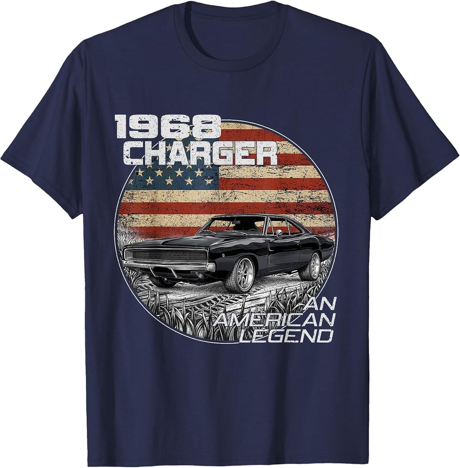 1968 68 Charger American Flag Silhouette Muscle Car T-Shirt - Navy Blue