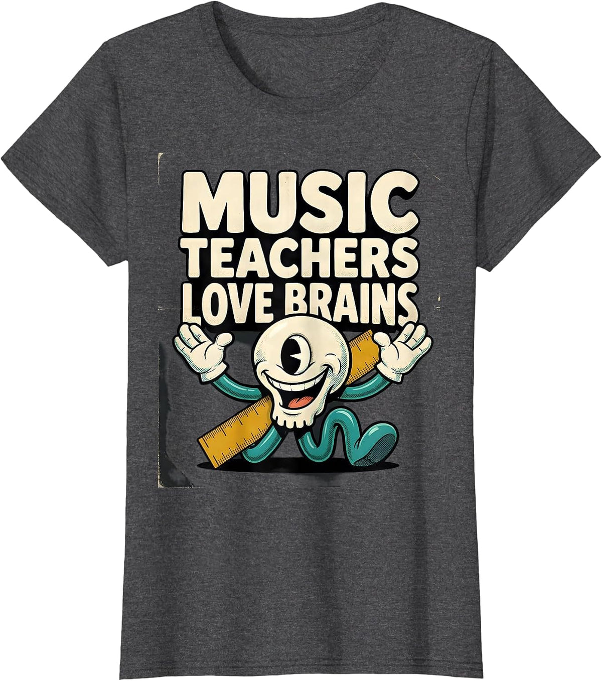 Women's Music Teachers Love Brains Retro Cartoon Teacher Halloween T-Shirt - Dark Heather Grey