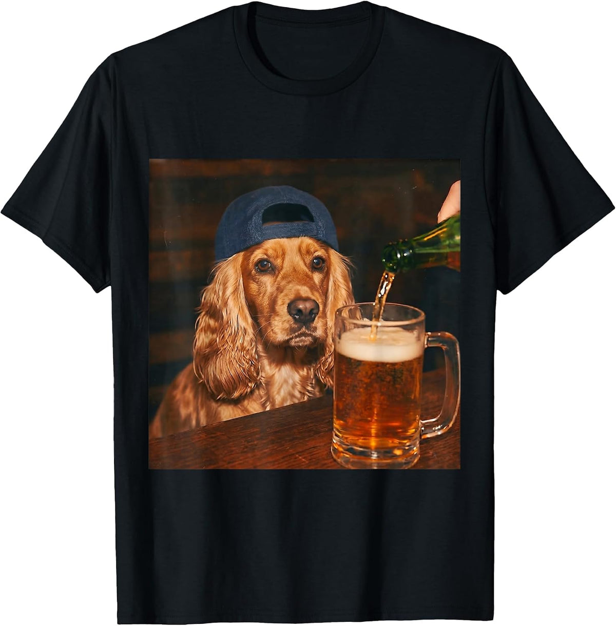 Cocker Spaniel Drinking Beer Tees Funny Fathers Day Dog Meme T-Shirt - Black