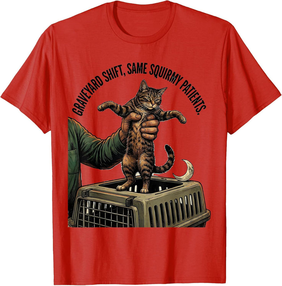 Men's Graveyard Shift Same Squirmy Patients Vintage Vet Tech Humor T-Shirt - Red