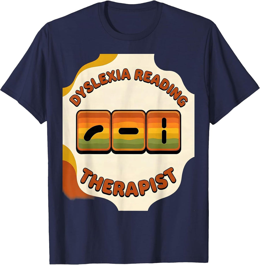 Dyslexia Reading Therapist Retro 70s Dyslexia Teacher T-Shirt - Navy Blue