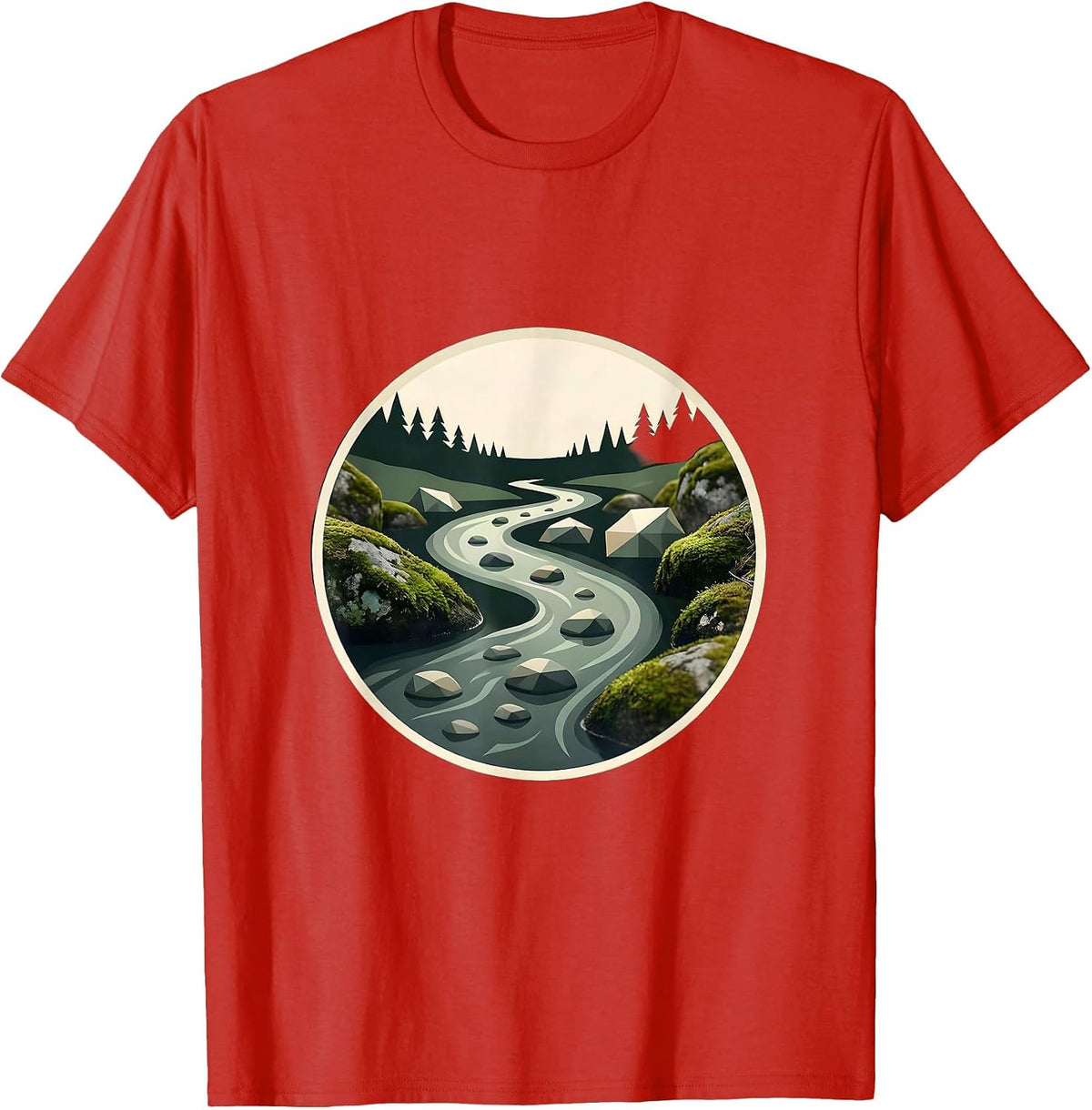 Men's Creek Winding Through Mossy River Stones T-Shirt - Red