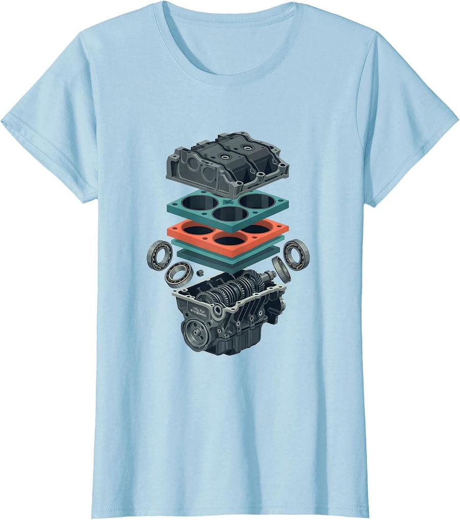 Women's I Still Play With Bearings Funny Mechanic Engine Block T-Shirt - Baby Blue
