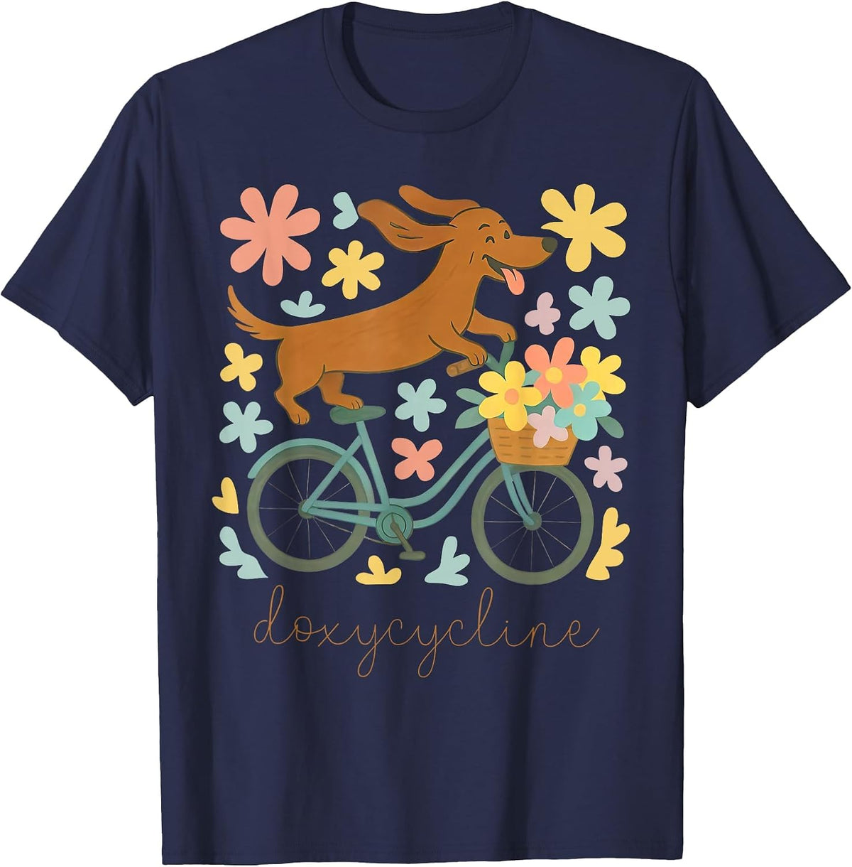 Doxycycline Pharmacy Pun Funny Dachshund on Bicycle Flower T-Shirt - Navy Blue