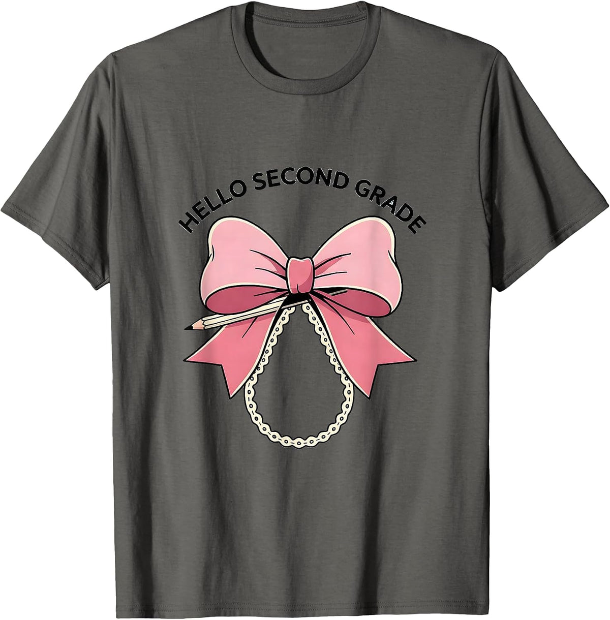 Hello Second Grade Coquette Bow Pencil First Day of School T-Shirt - Asphalt Grey