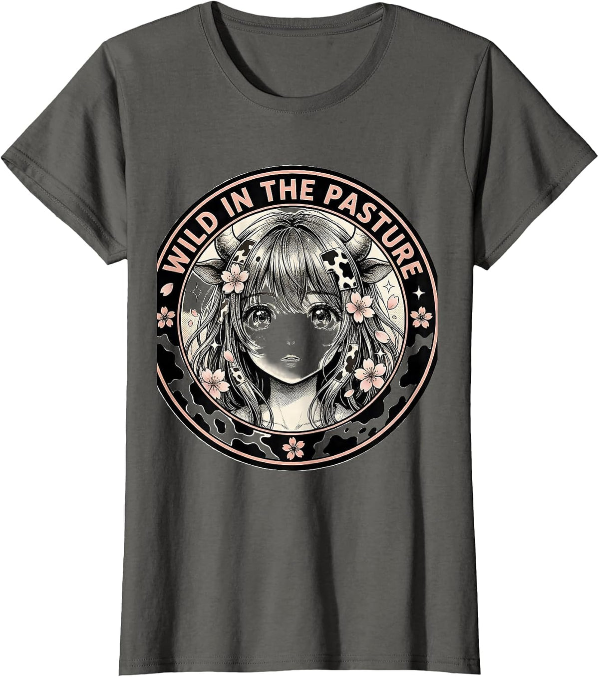Women's Wild in the Pasture Cow Print Design T-Shirt - Asphalt Grey