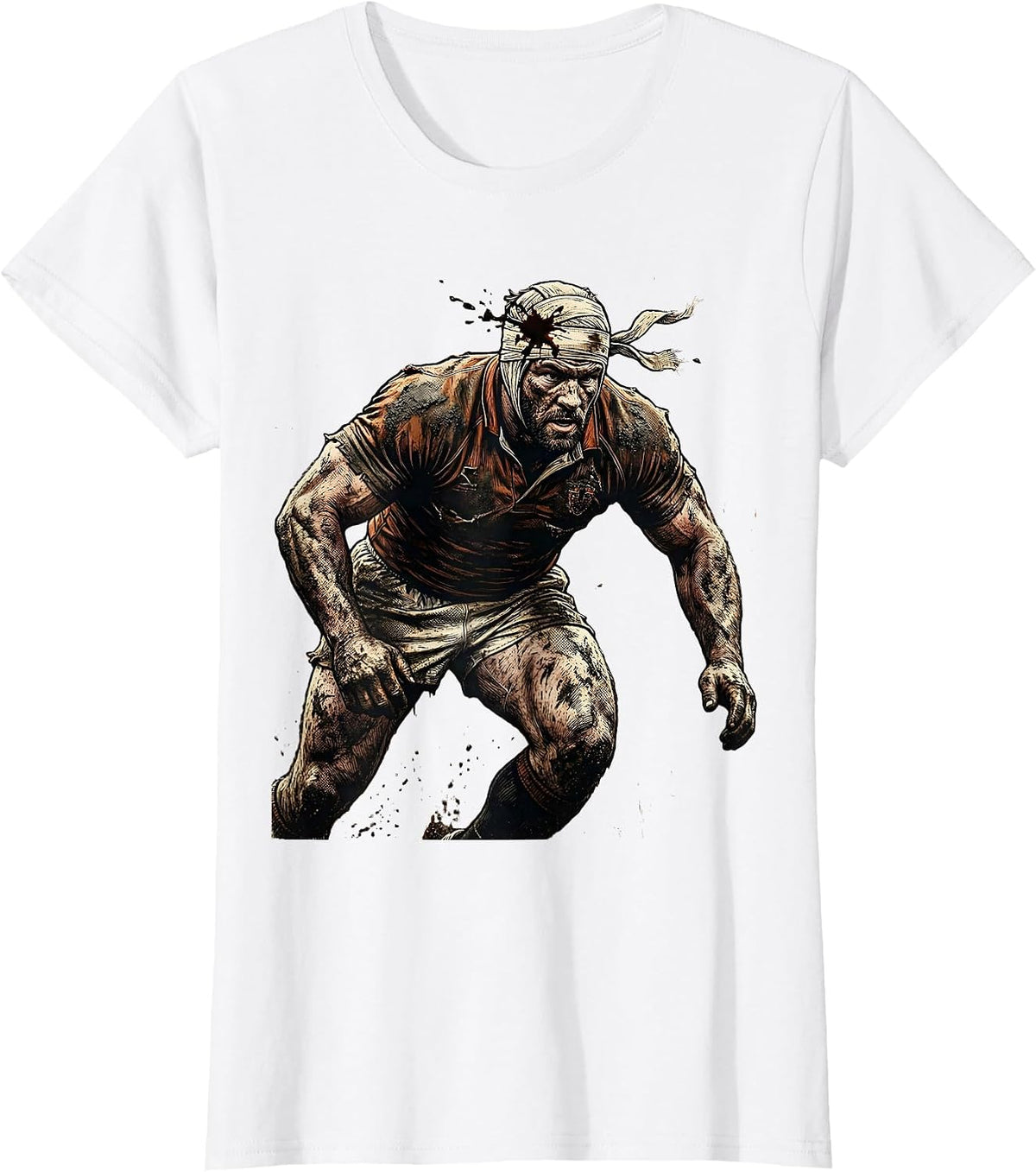 Bloodied Rugby Warrior Charging Graphic T-Shirt - White