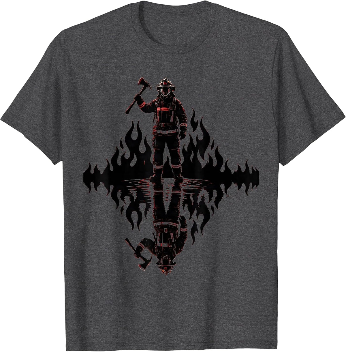 Firefighter Reflection Puddle Flames Graphic T-Shirt - Dark Heather Grey