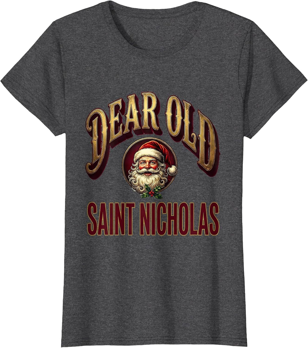 Women's Dear Old Saint Nicholas Vintage Retro Santa Claus Face T-Shirt - Dark Heather Grey
