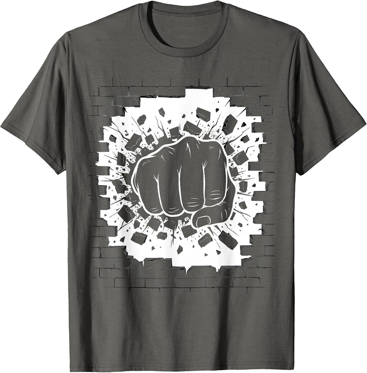 Punk Fist Burst Through Brick Wall Graphic T-Shirt - Asphalt Grey