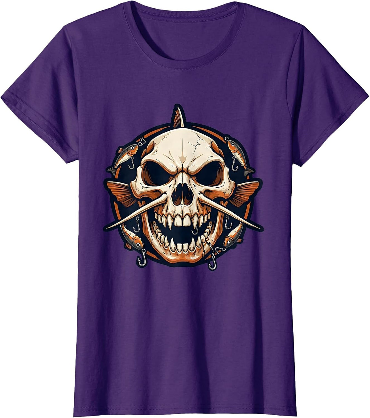 Women's Catfish Skull Hooks and Lures Fishing Graphic T-Shirt - Purple