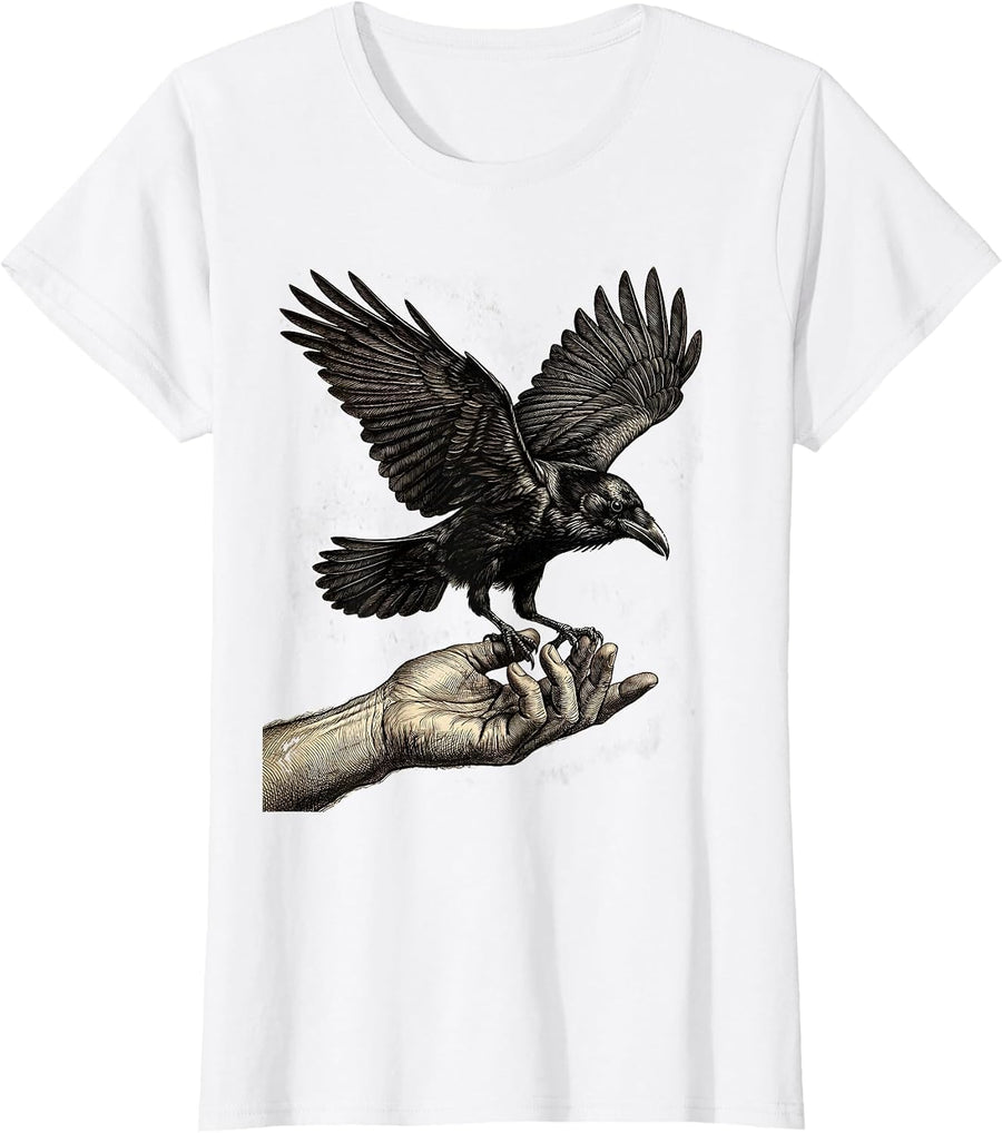 Women's Raven Landing on Outstretched Hand Illustration T-Shirt - White