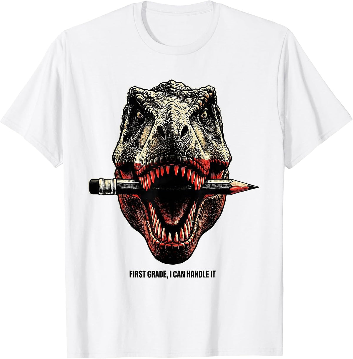Men's First Grade I Can Handle It Playful Dinosaur Boy Back T-Shirt - White