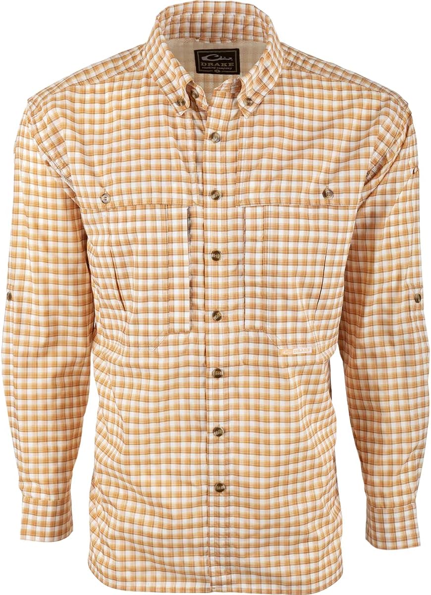 DRAKE Waterfowl Men's FeatherLite Plaid Wingshooter's Quick-Drying Moisture-Wicking Long Sleeve Shirt - Orange Plaid