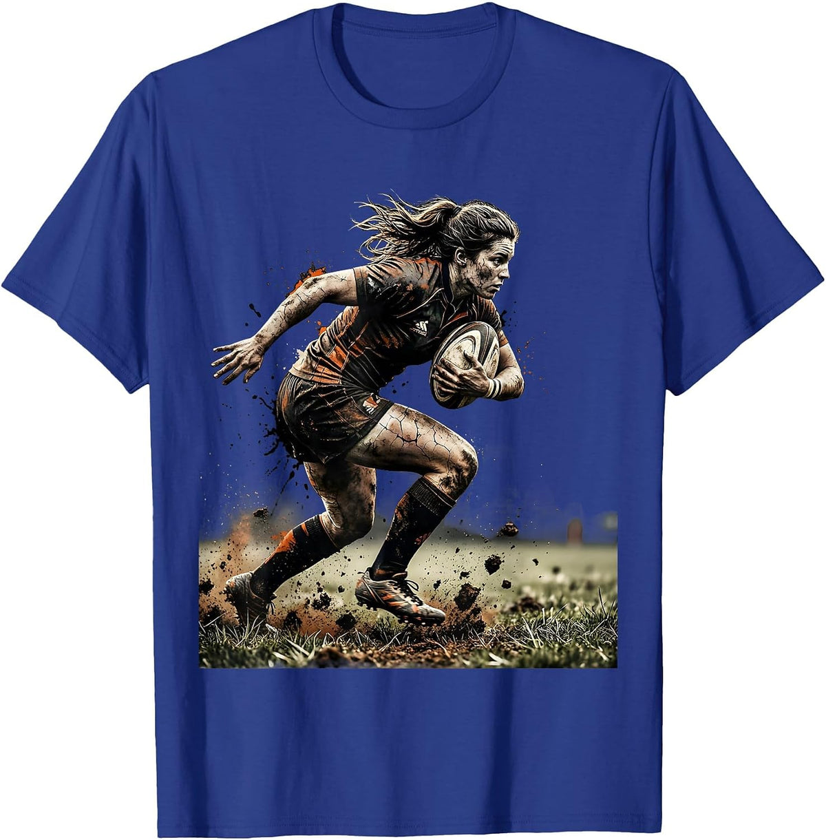 Rugby Player Charging With Ball Graphic T-Shirt - Royal Blue