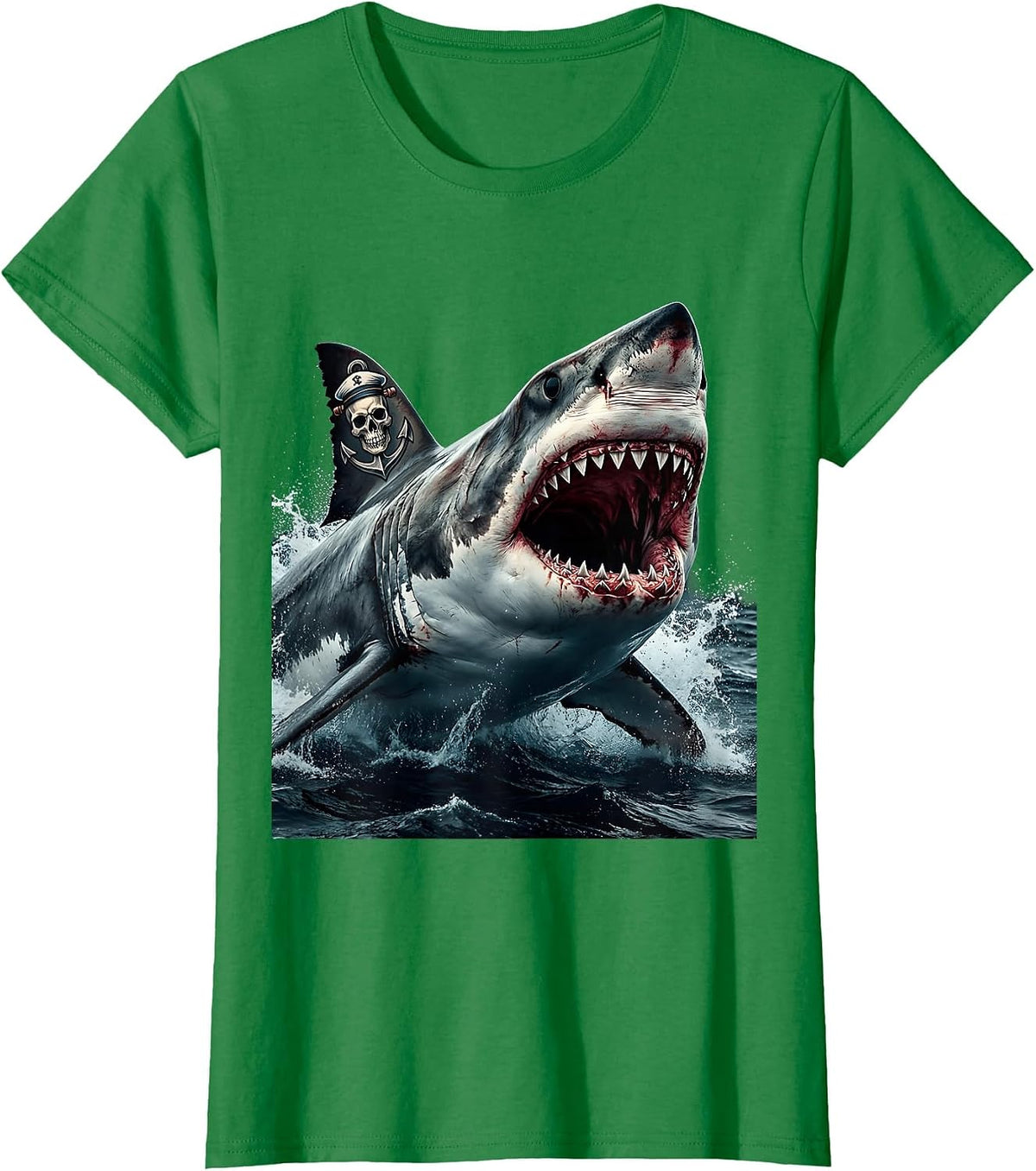 Shark With Anchor Tattoo Dorsal Fin Art T-Shirt - Kelly Green