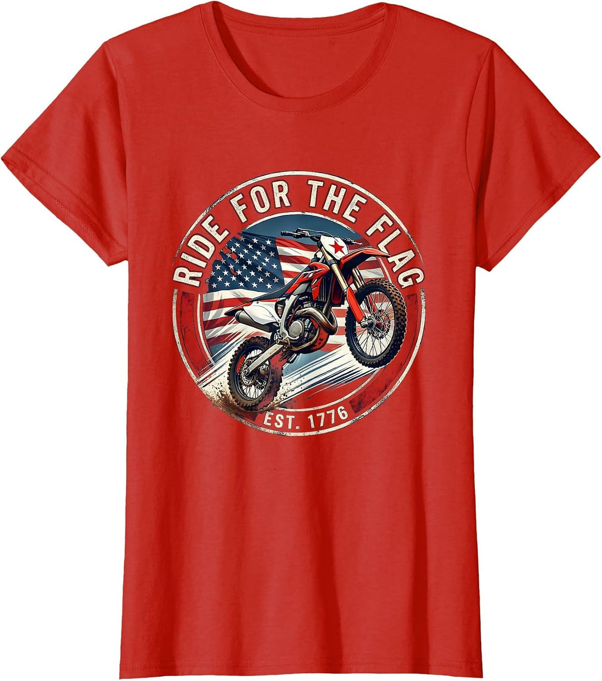 Ride For The Flag Patriotic Dirt Bike Biker Retro T-Shirt - Red
