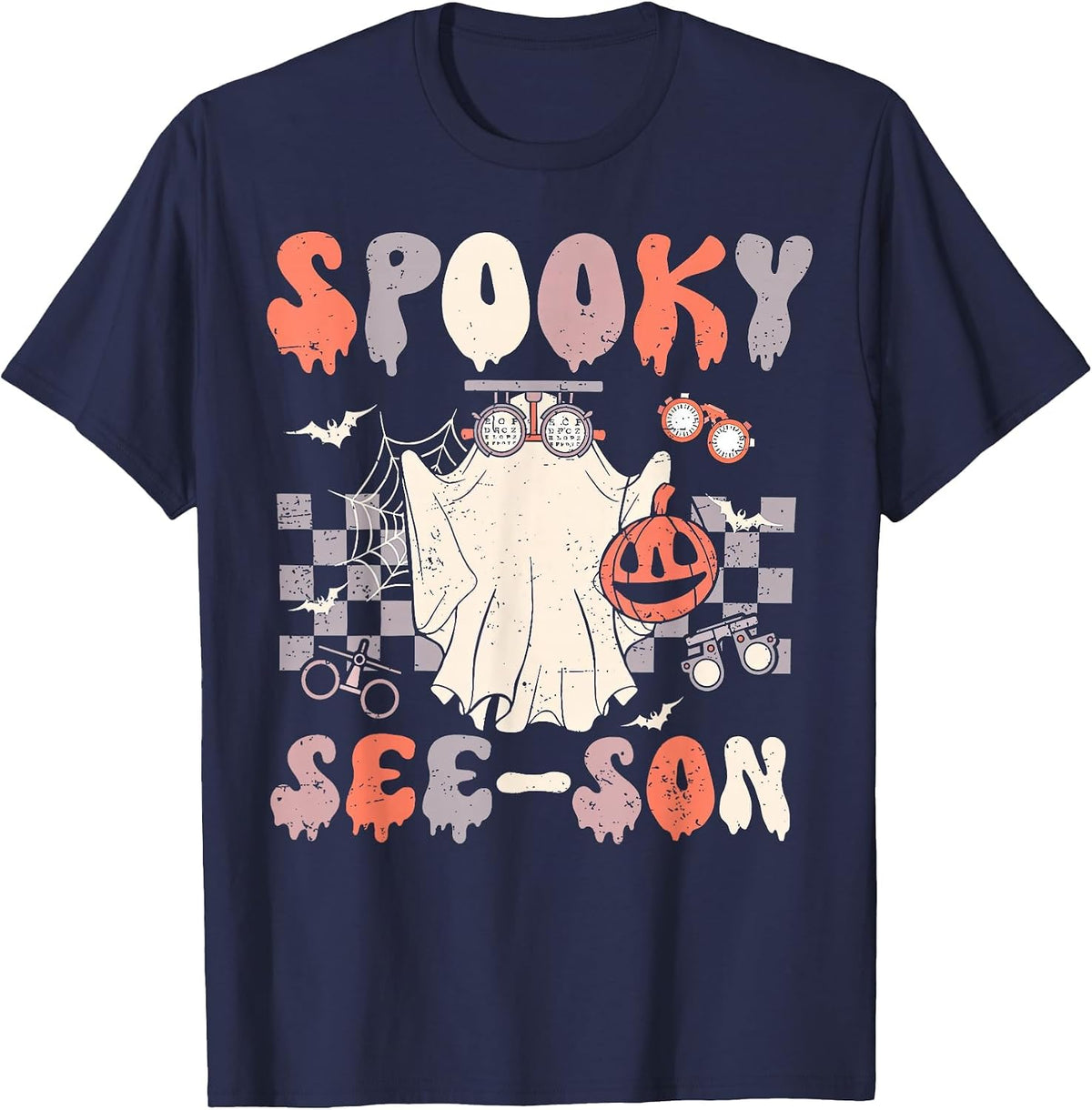 Retro Spooky See-Son Optometrist Optometry Ghost Halloween T-Shirt - Navy Blue