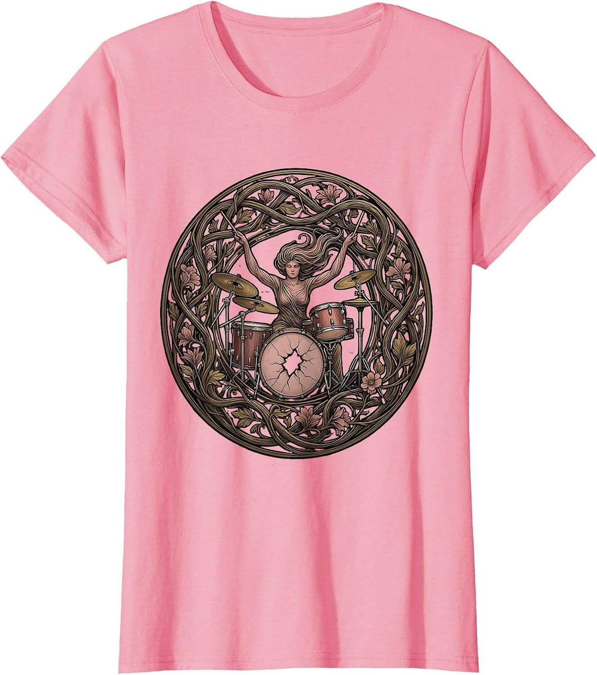 Women's Drummer Through Cracked Bass Drum Band Tee T-Shirt - Pink