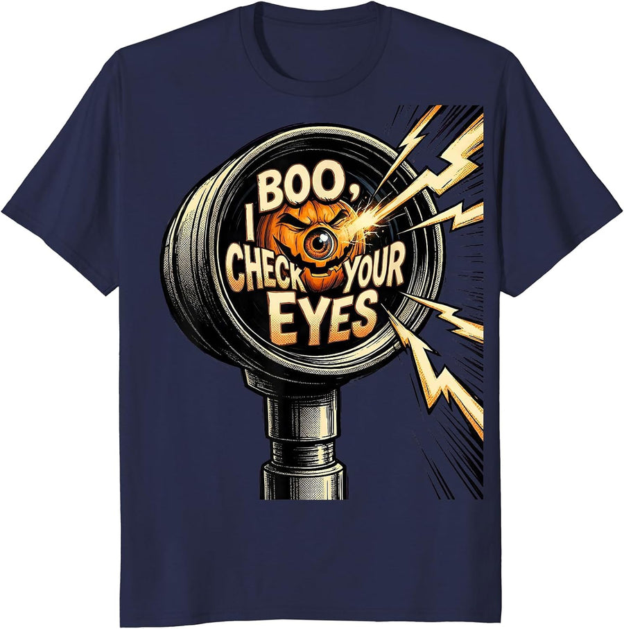 Boo I Check Your Eyes Comic Book Halloween Optometrist Eye T-Shirt - Navy Blue