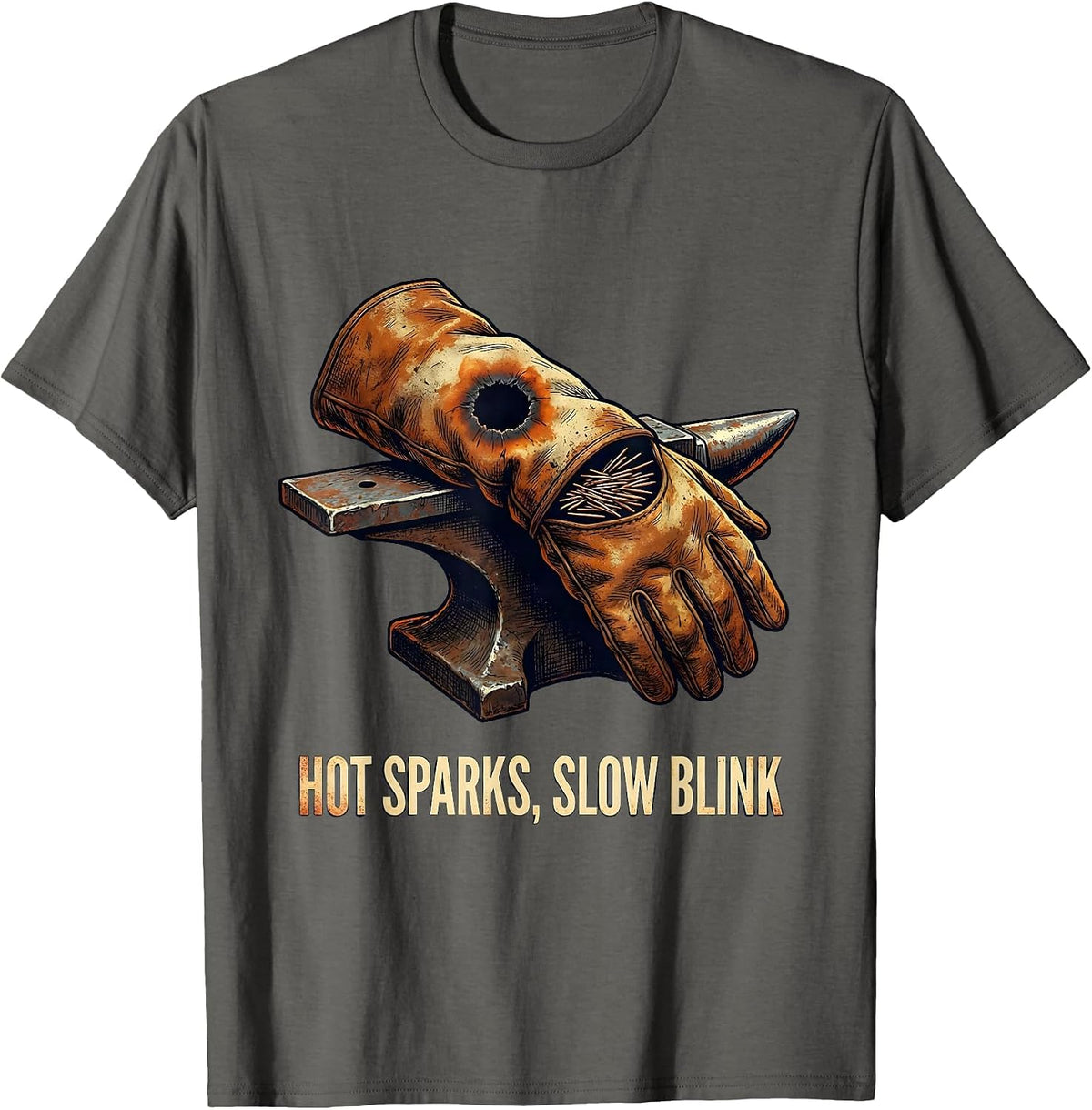 Men's Hot Sparks Slow Blink Vintage Welder Trade Humor Metal T-Shirt - Asphalt Grey