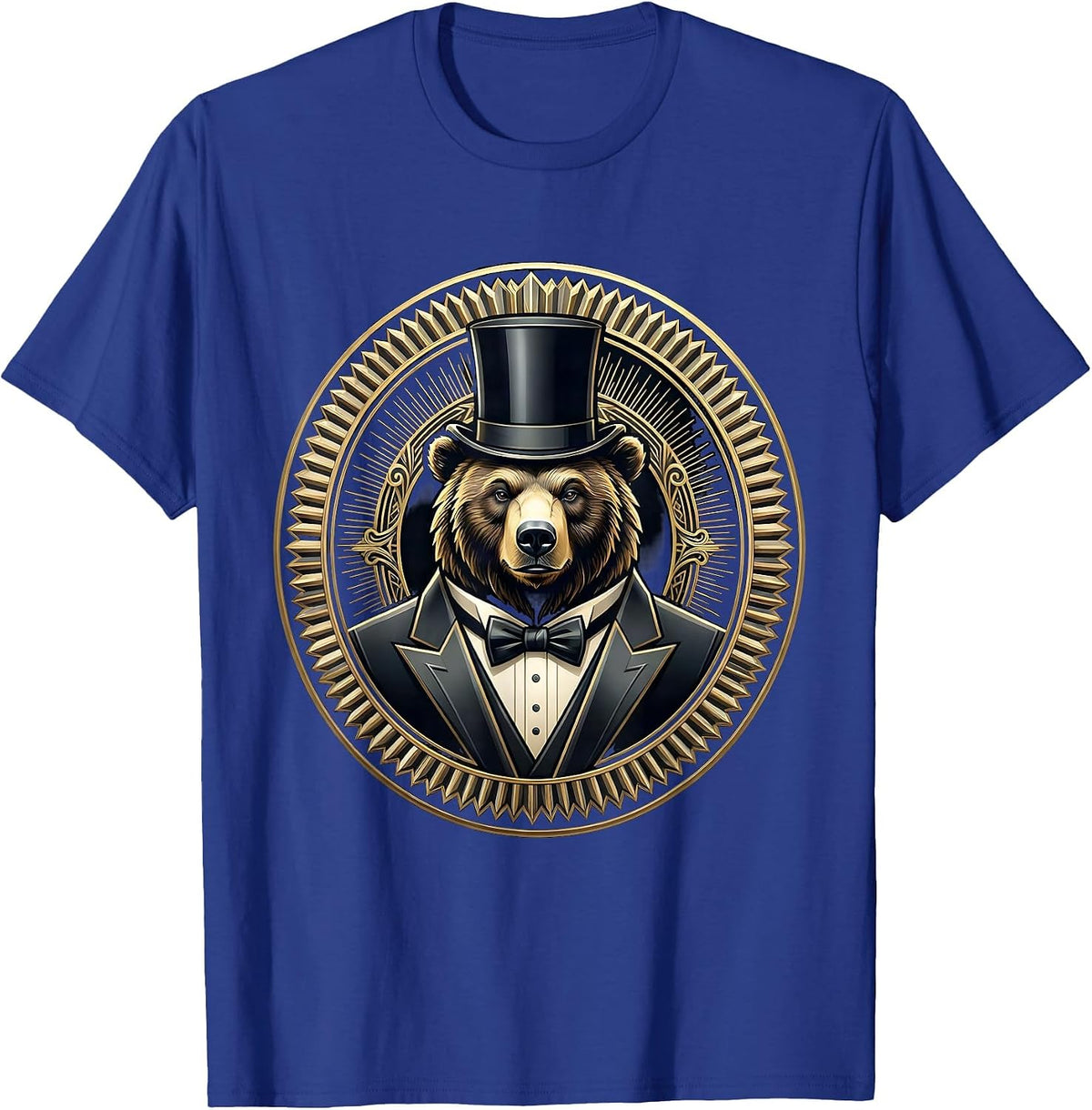 Dapper Bear in Tuxedo and Top Hat Illustration T-Shirt - Royal Blue