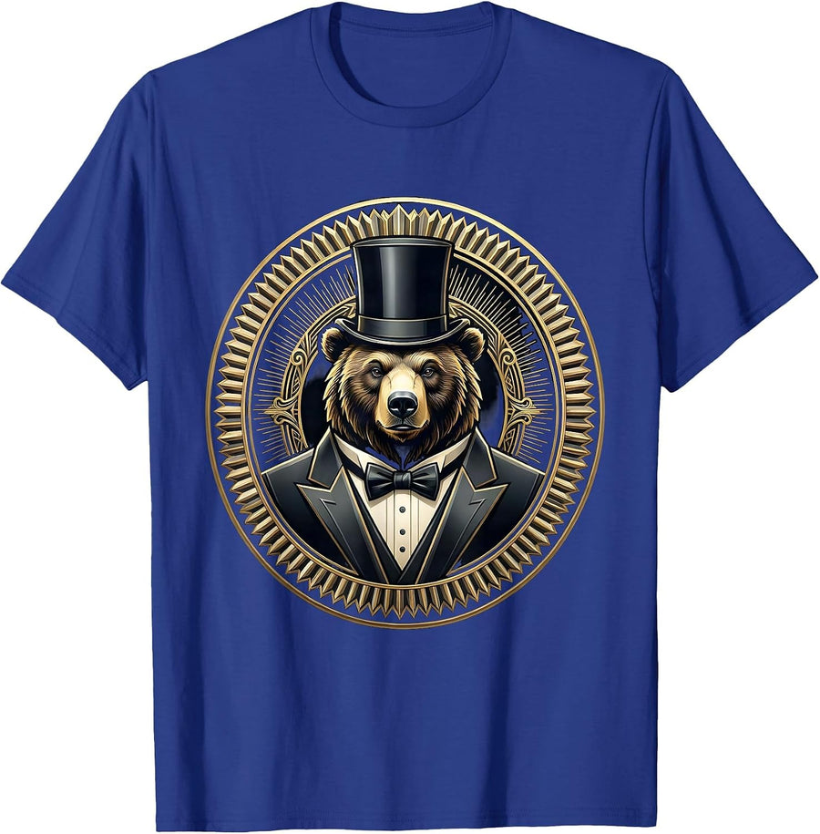 Dapper Bear in Tuxedo and Top Hat Illustration T-Shirt - Royal Blue