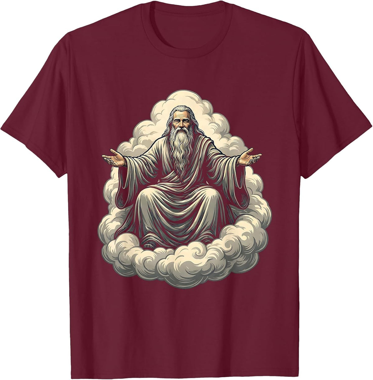 Men's Bearded Elder on Clouds Celestial Art Design T-Shirt - Burgundy